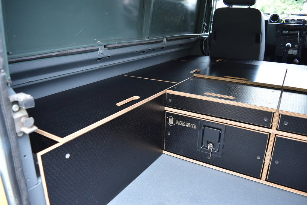 Defender 110 utility interior with drawers and storage cupboards