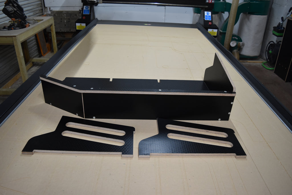 Hexamoto Utility Basket system laid on CNC machine with dividers removed and laid out