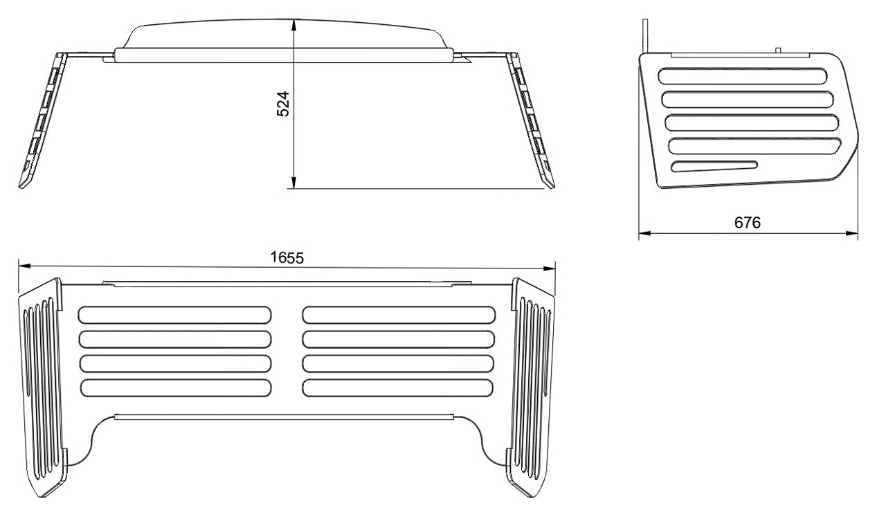 Technical drawing of a Cargo system with dimensions on a white background