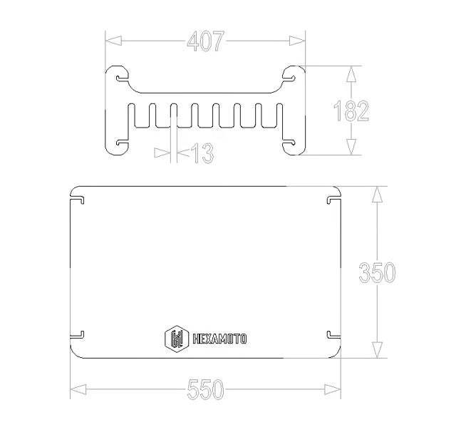 Technical drawing of a Hexamoto Bird Hanger with dimensions and Hexamoto branding.