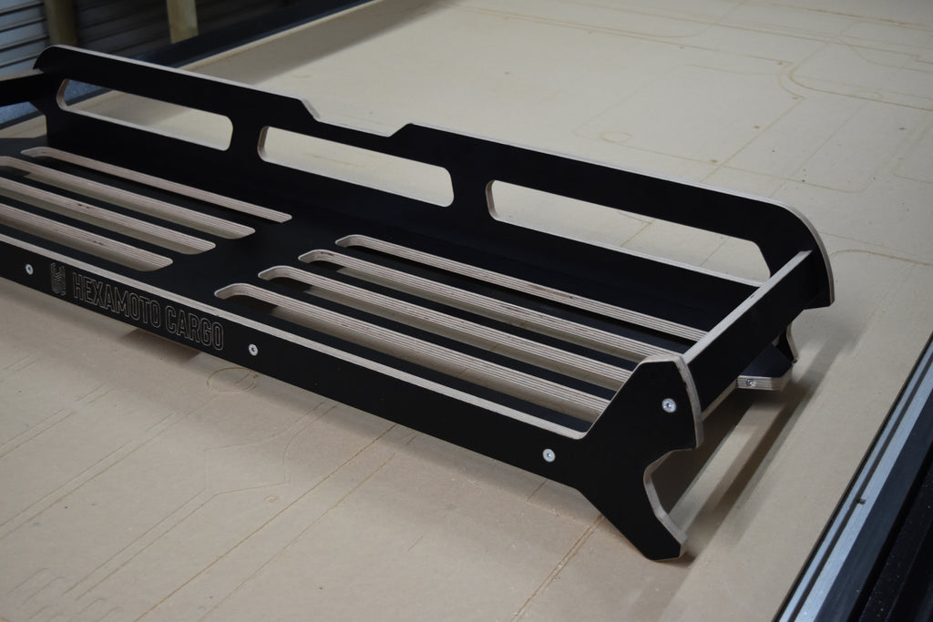 Black wooden shelf Hexamoto Cargo for Defender led on CNC bed