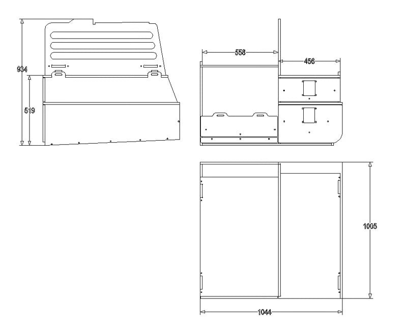 Technical drawing of a vehicle storage system with dimensions