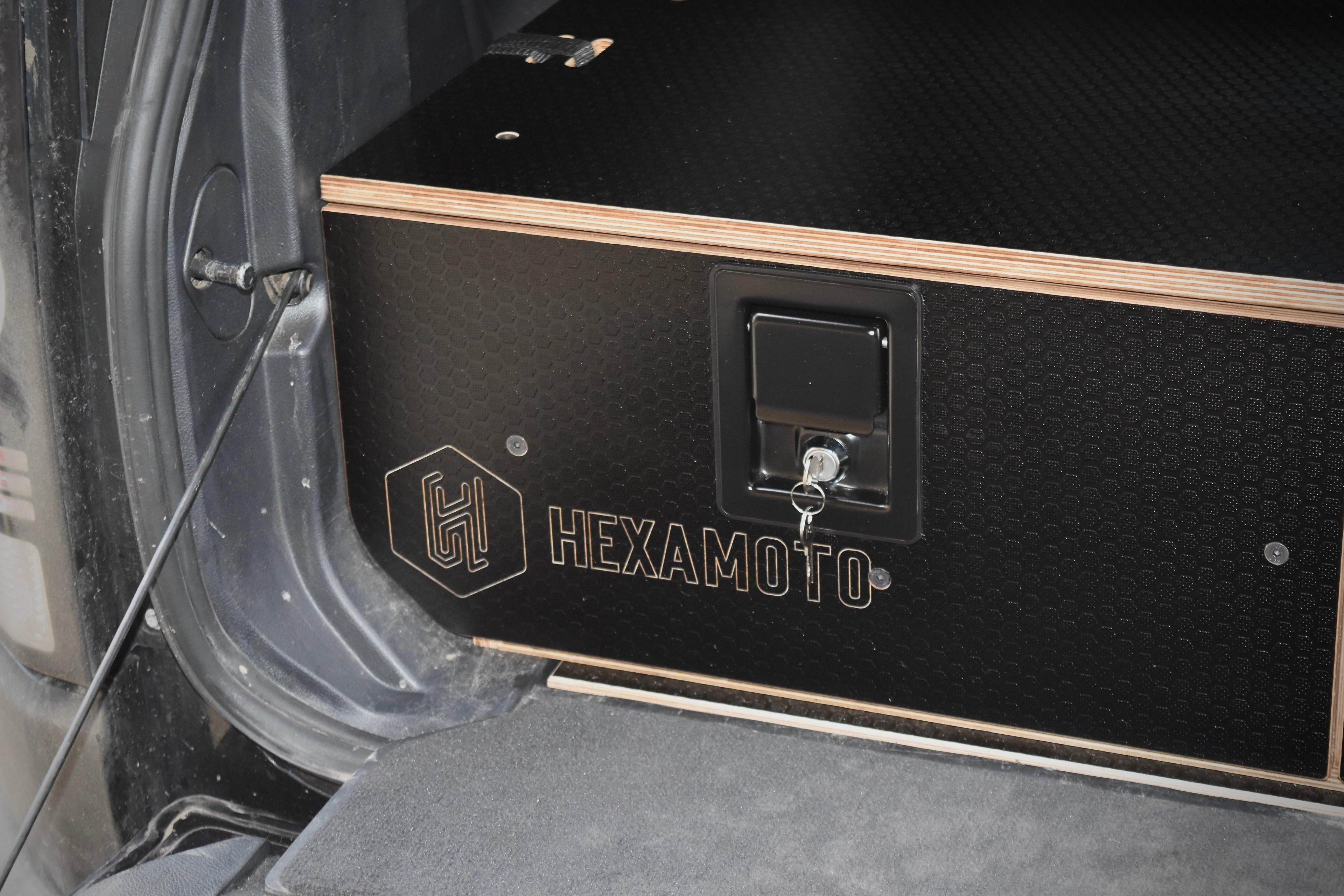 Hexamoto Disco Sleeper storage system with Hexamoto logo engraved into drawer front 