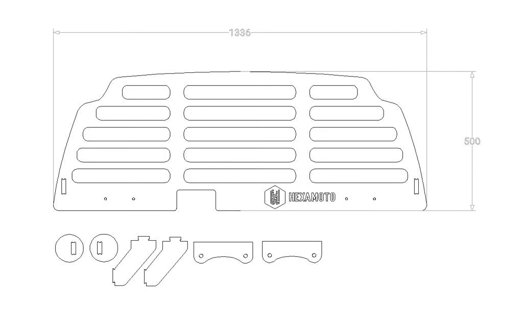 Technical drawing of a dog guard with dimensions and brand logo on a white background