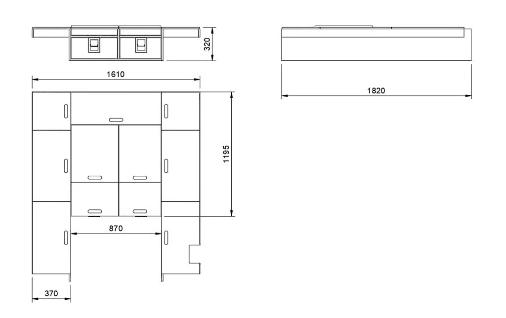 Technical drawing of a storage system with dimensions