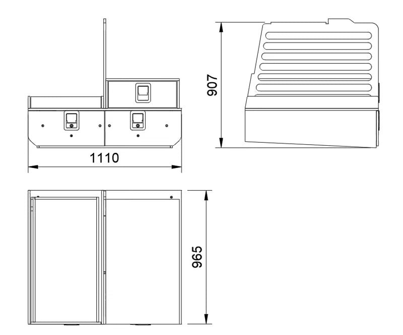 Technical drawing of a storage system with dimensions