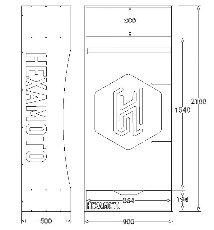 Technical drawing of a product with HEXAMOTO branding and dimensions.