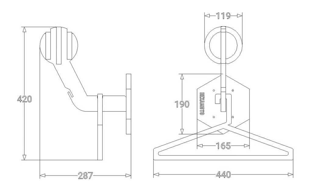 Technical drawing of a Hexamoto mini with dimensions