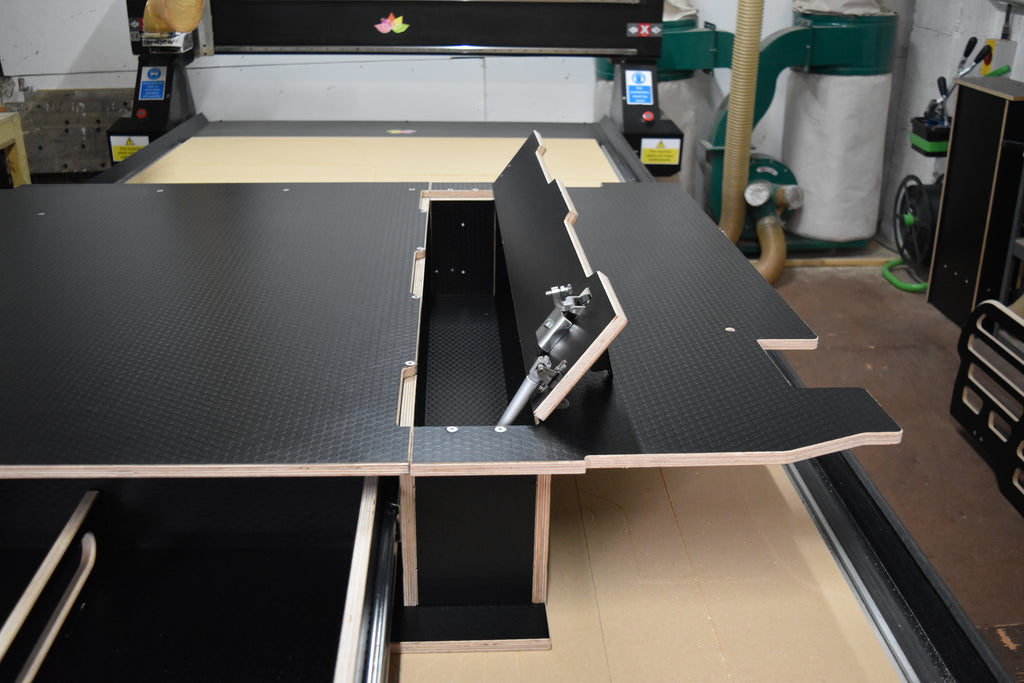 Utility Defender storage system with cubby hatch open 