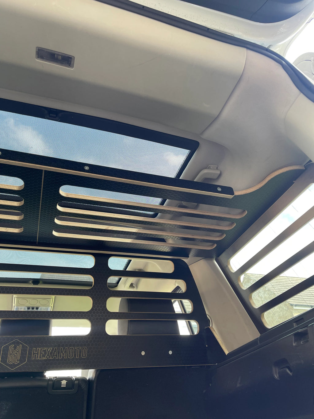 Car interior with Dog Guard fitted and overhead storage system