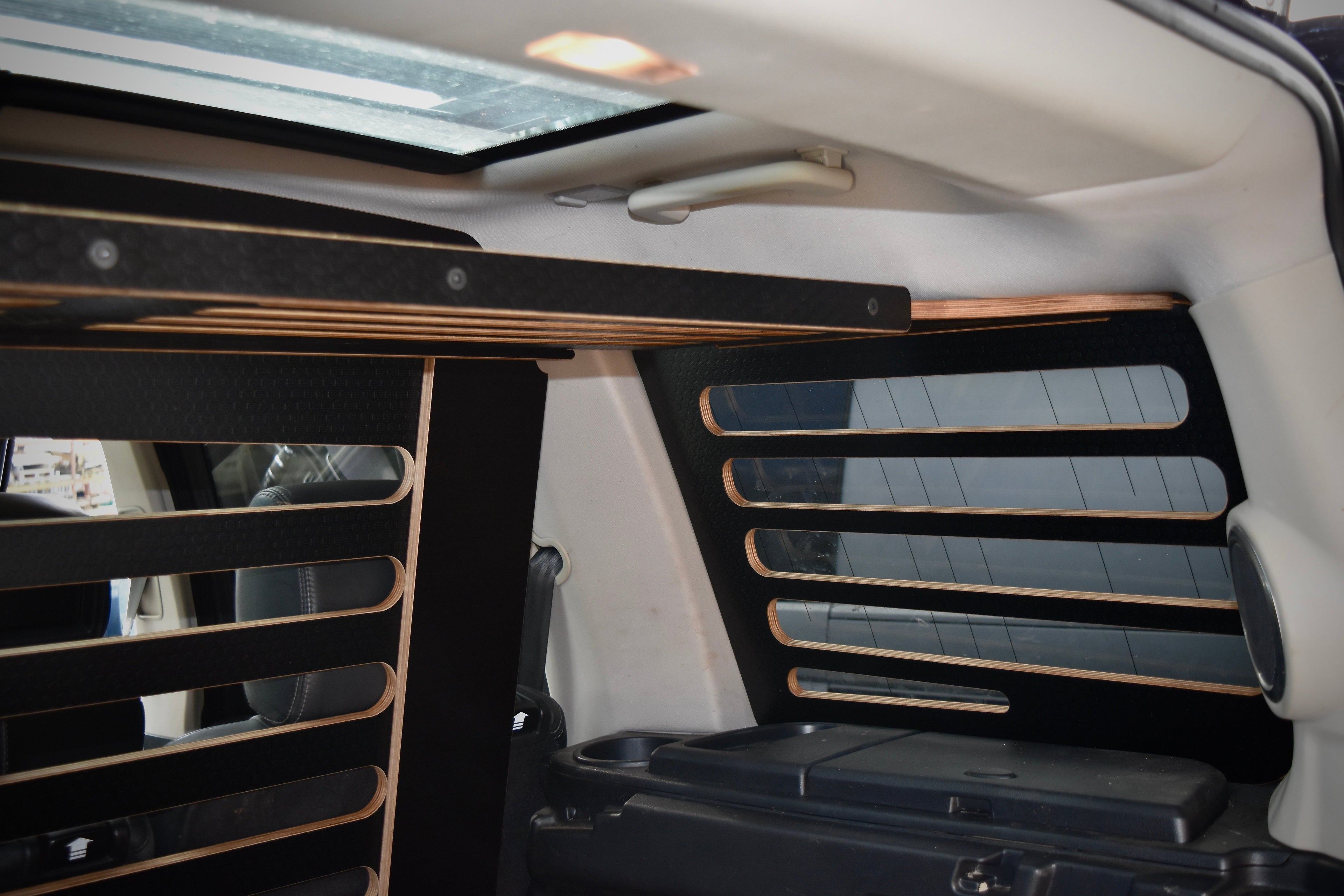 Interior view of vehicle with Hexamoto Cargo and Disco Sleeper fitted