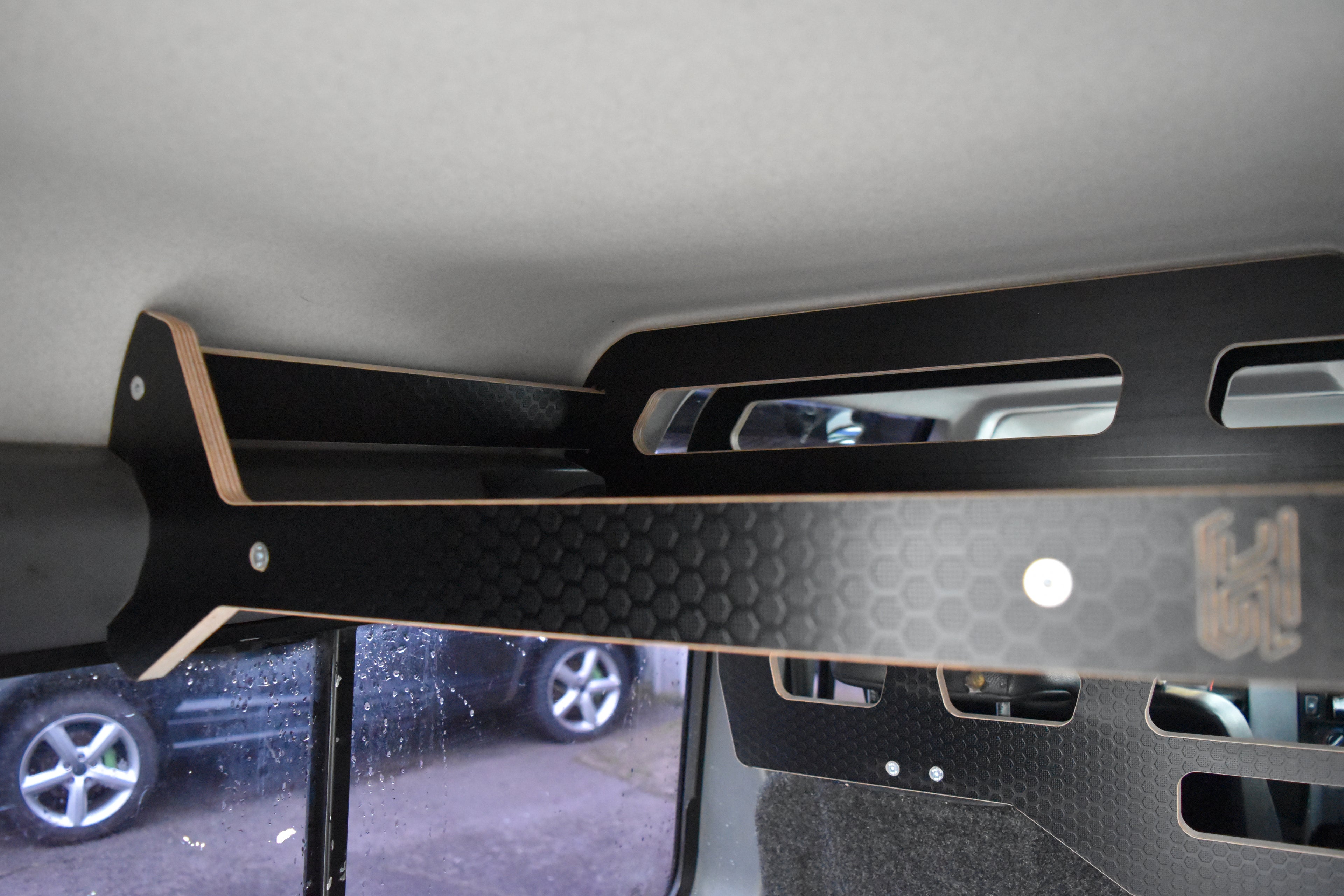 Defender interior with Cargo rack fitted, showing space available